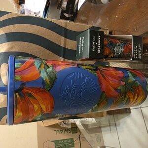 Starbucks Blue Tumbler with Colorful Floral Design And Matching Key Chain